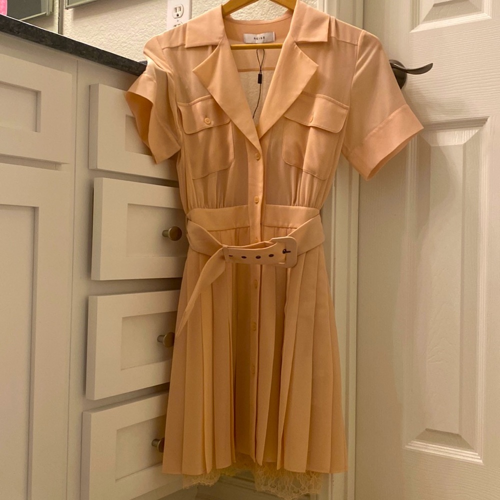 Reiss Size 0 Pink Sleeved Dress with Belt and Slip